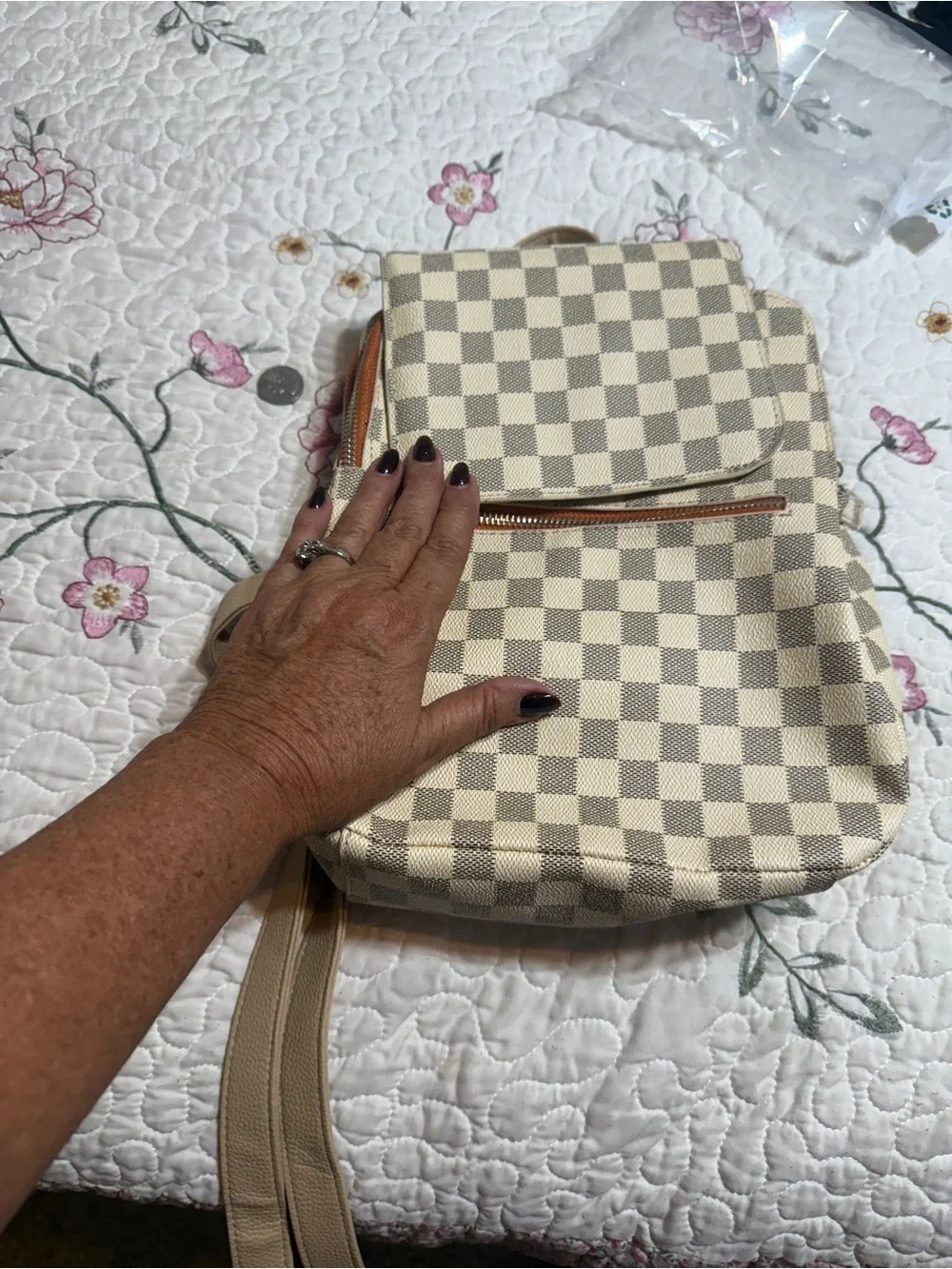 Designer inspired Cream & Beige Checkered Backpack Tan Straps Orange Zipper
